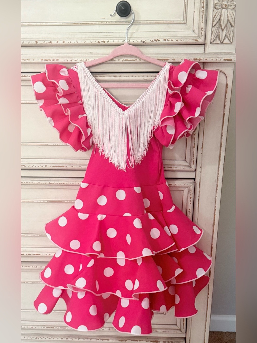 Girls’ Pink Flamenco Dance Dress – Polka Dot Ruffle Costume | Ages 4–6